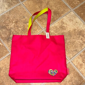 NWT Clinique Cosmetics Makeup Skincare Neon Pink/Yellow Polyester Heart Tote Bag
